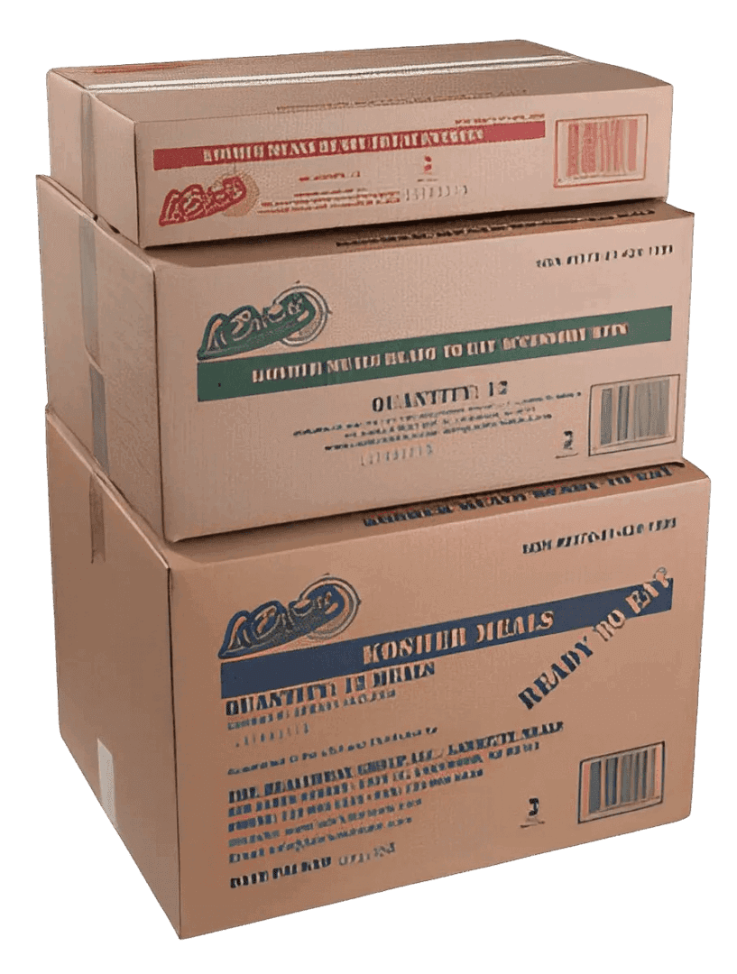 Stacked boxes labeled with various food product names.