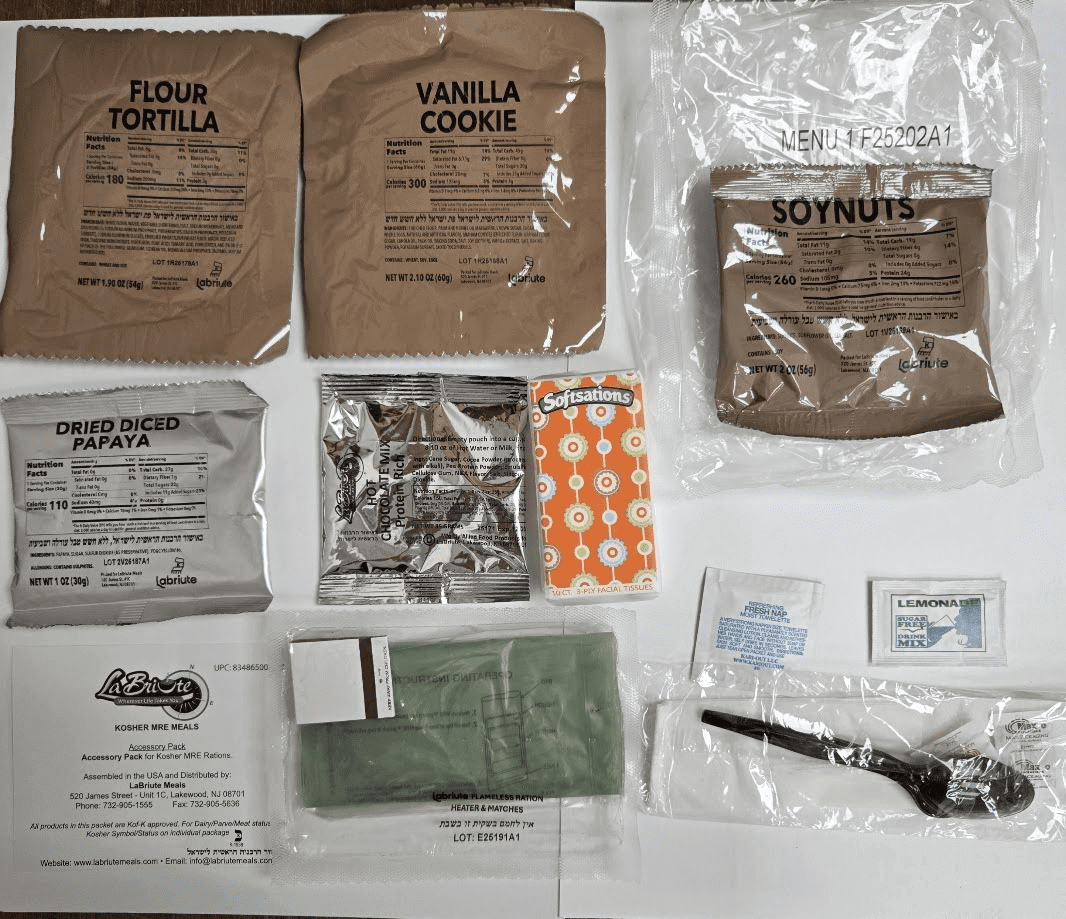 MRE meal components including flour tortilla, vanilla cookie, and condiments.