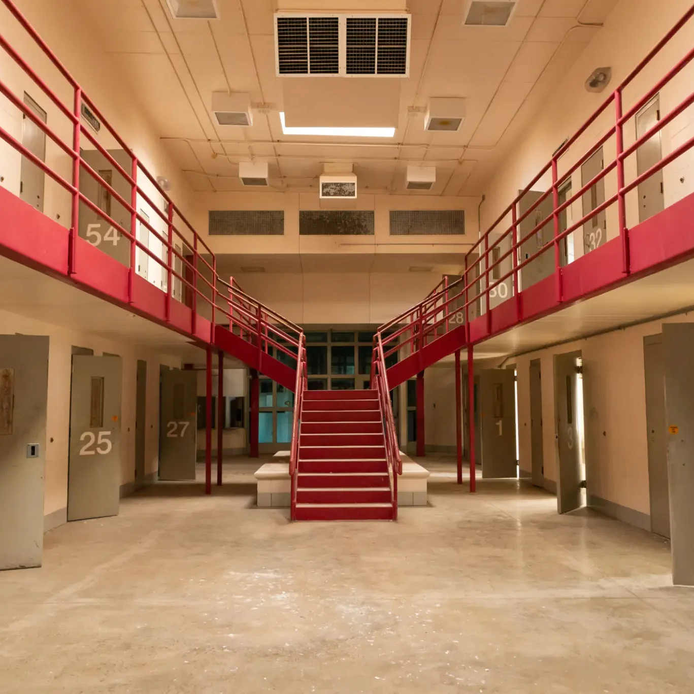 Interior of a modern prison with cells and red railings.