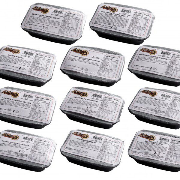 Packaged meals arranged in three rows.